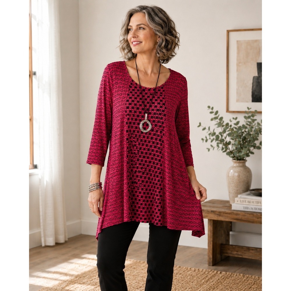 Tianello Tunic L Pink Black Swing Top 3/4 Sleeve Artsy Lagenlook Made USA